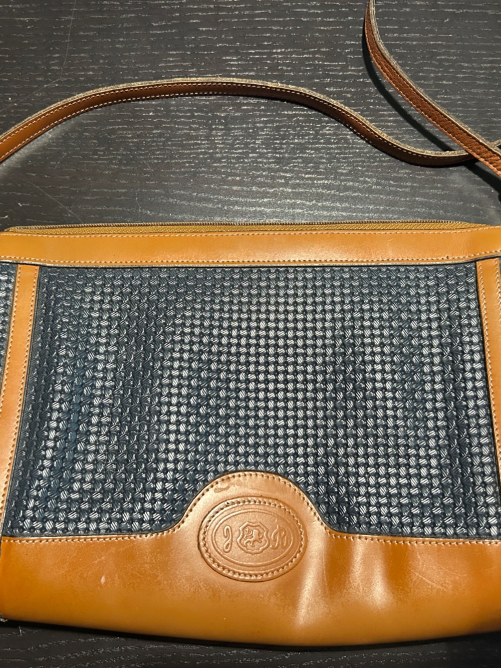 VINTAGE 1950-1970 Woven Navy and Tan Leather Crossbody Bag